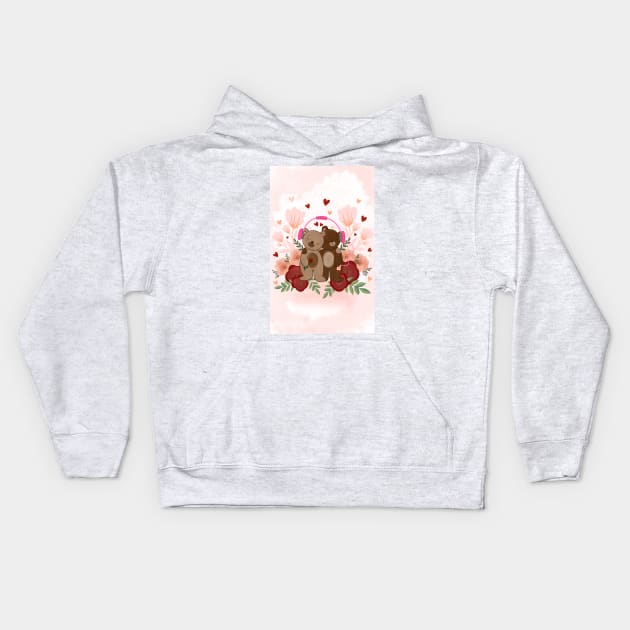 Cute bear couple listening to music Kids Hoodie by SanMade